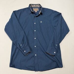 Ariat Sterling Shirt Mens Medium Blue Geometric Wrinkle Free Western Cotton